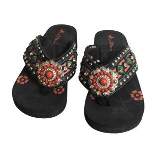 Montana West Shoes Womens Size 8 Black Wedge Flip Flop Sandals Rhinestone